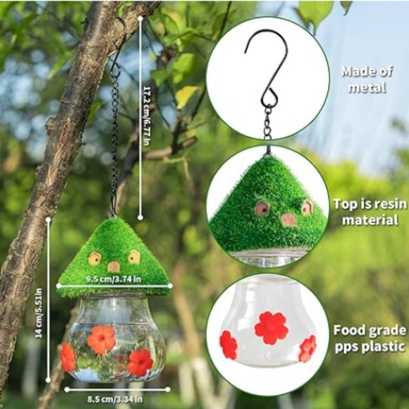 Hummingbird Feeder w/ Green Thatched Roof Style + 3 Red Petal Spouts - Picture 2 of 11